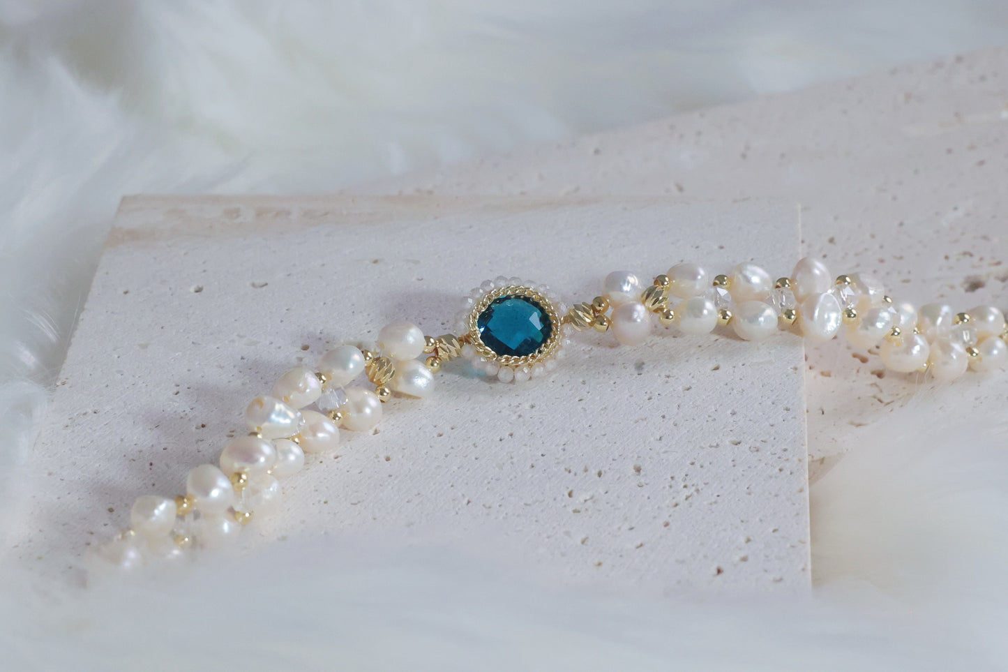 Double Layer Pearl Beaded Bracelet with Green Gemstone