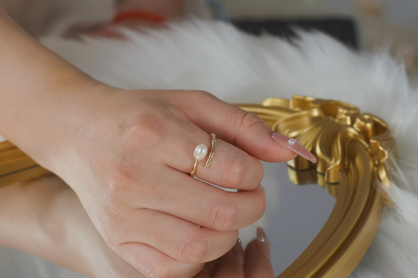 Gold Minimalist Freshwater Pearl Bamboo Ring