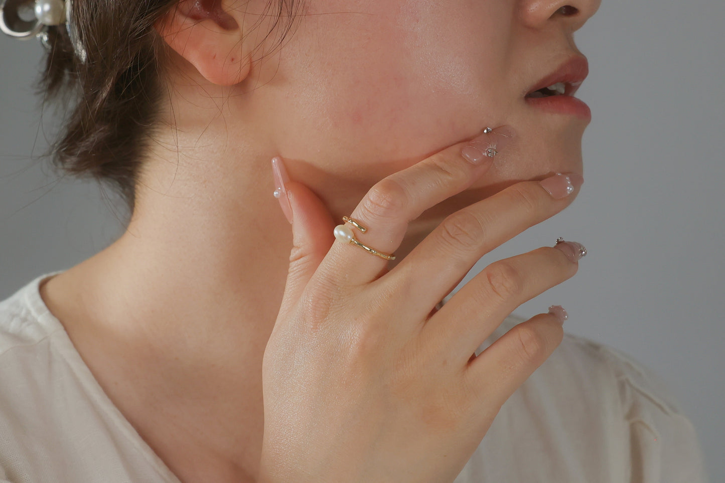Gold Minimalist Freshwater Pearl Bamboo Ring