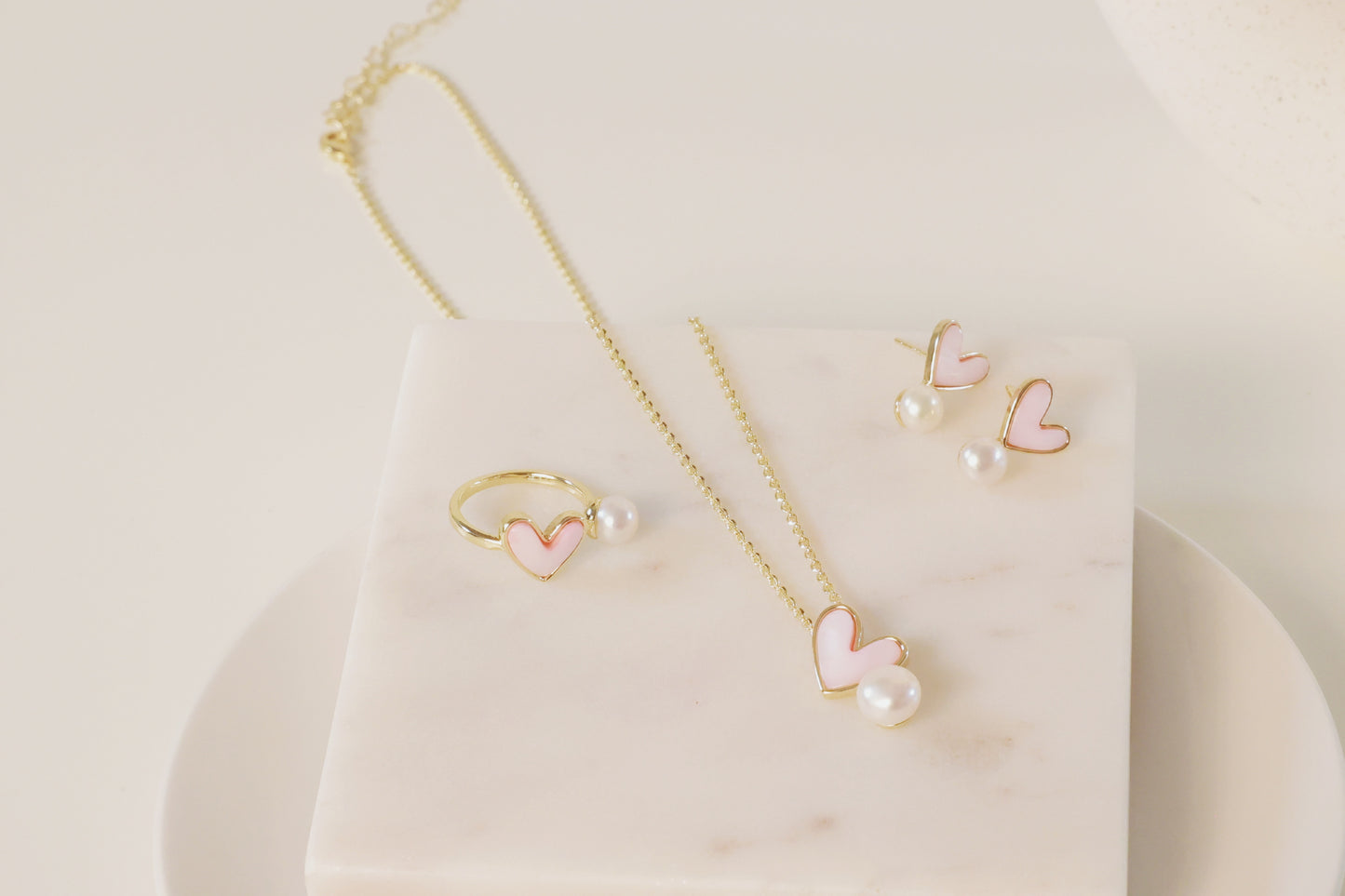 Romantic Pink Heart with Pearl Drop Necklace
