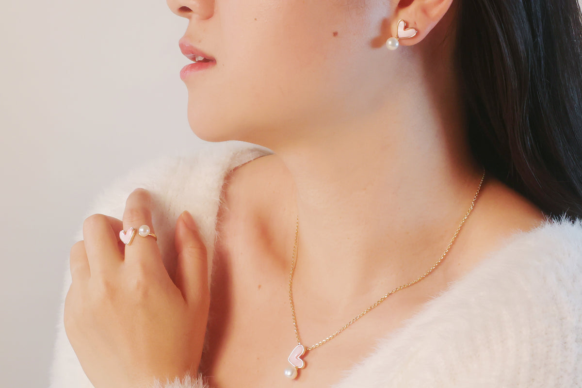 Romantic Pink Heart with Pearl Drop Earrings