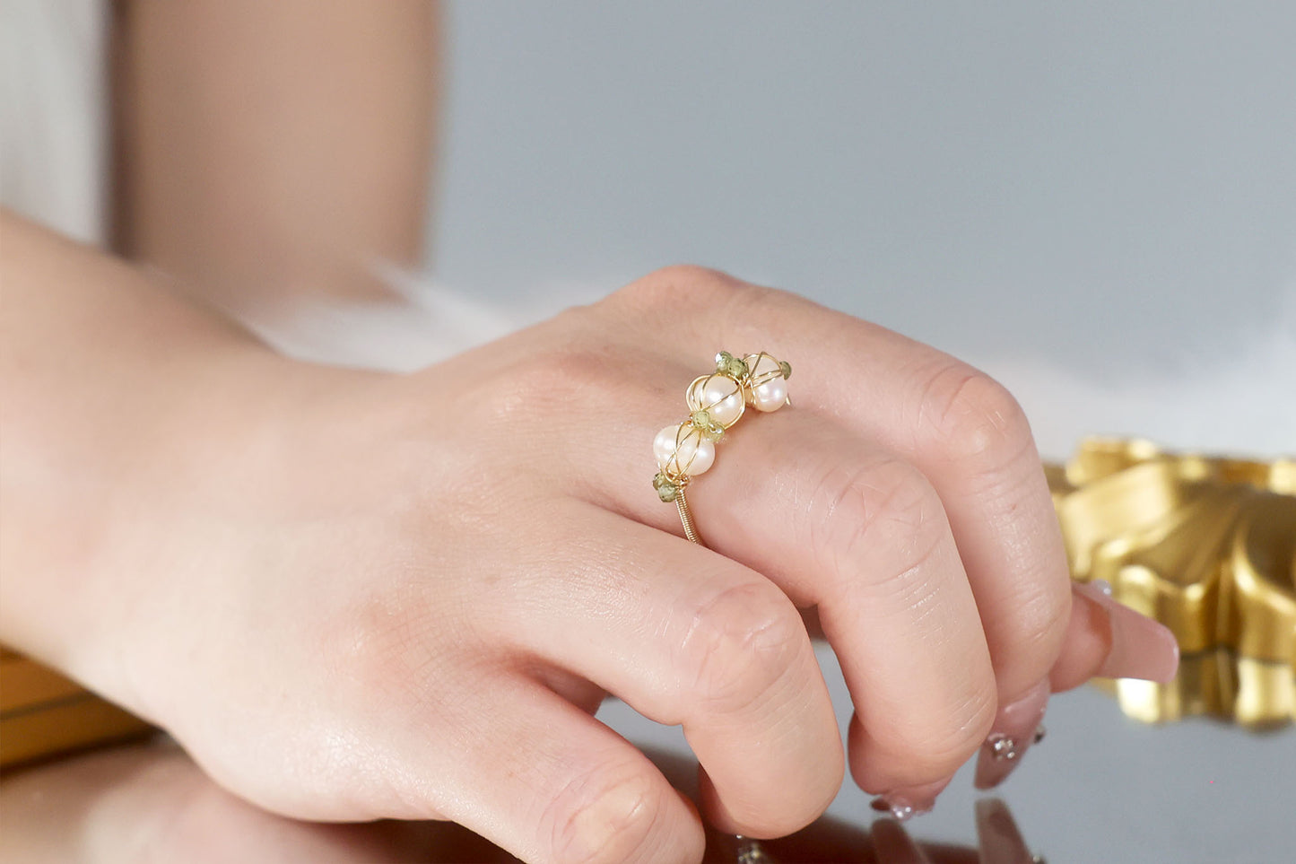 Gold Delicate Handmade Rings with Green Crystal