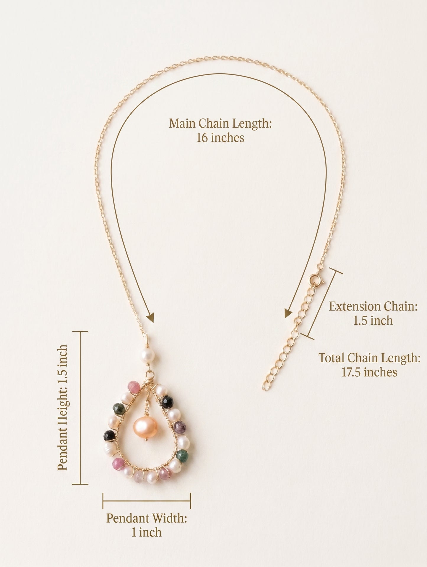 Necklace with measurements on a white background