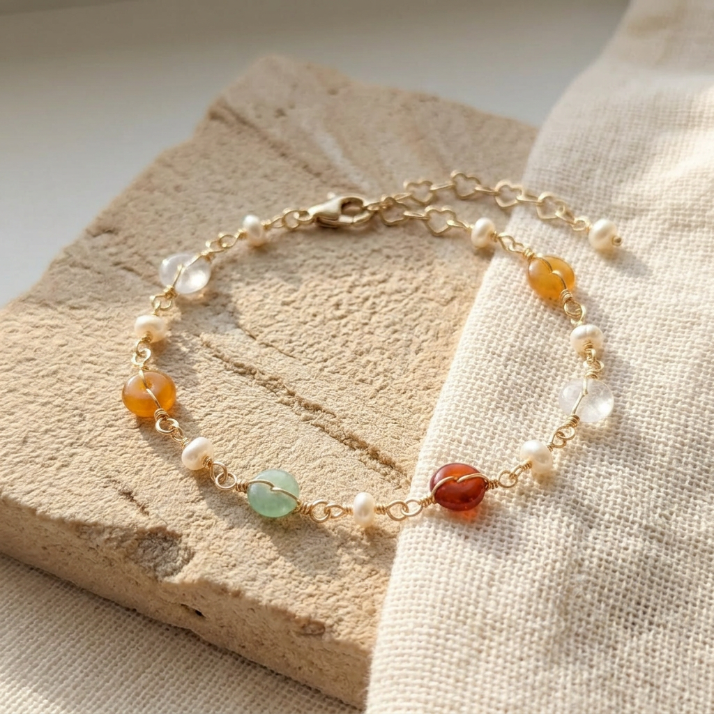 Close up of the dainty 14K gold plated Elara bracelet with genuine freshwater pearls, green aventurine, and colorful tourmaline, displayed in a circle on a natural textured stone and creamy linen background.