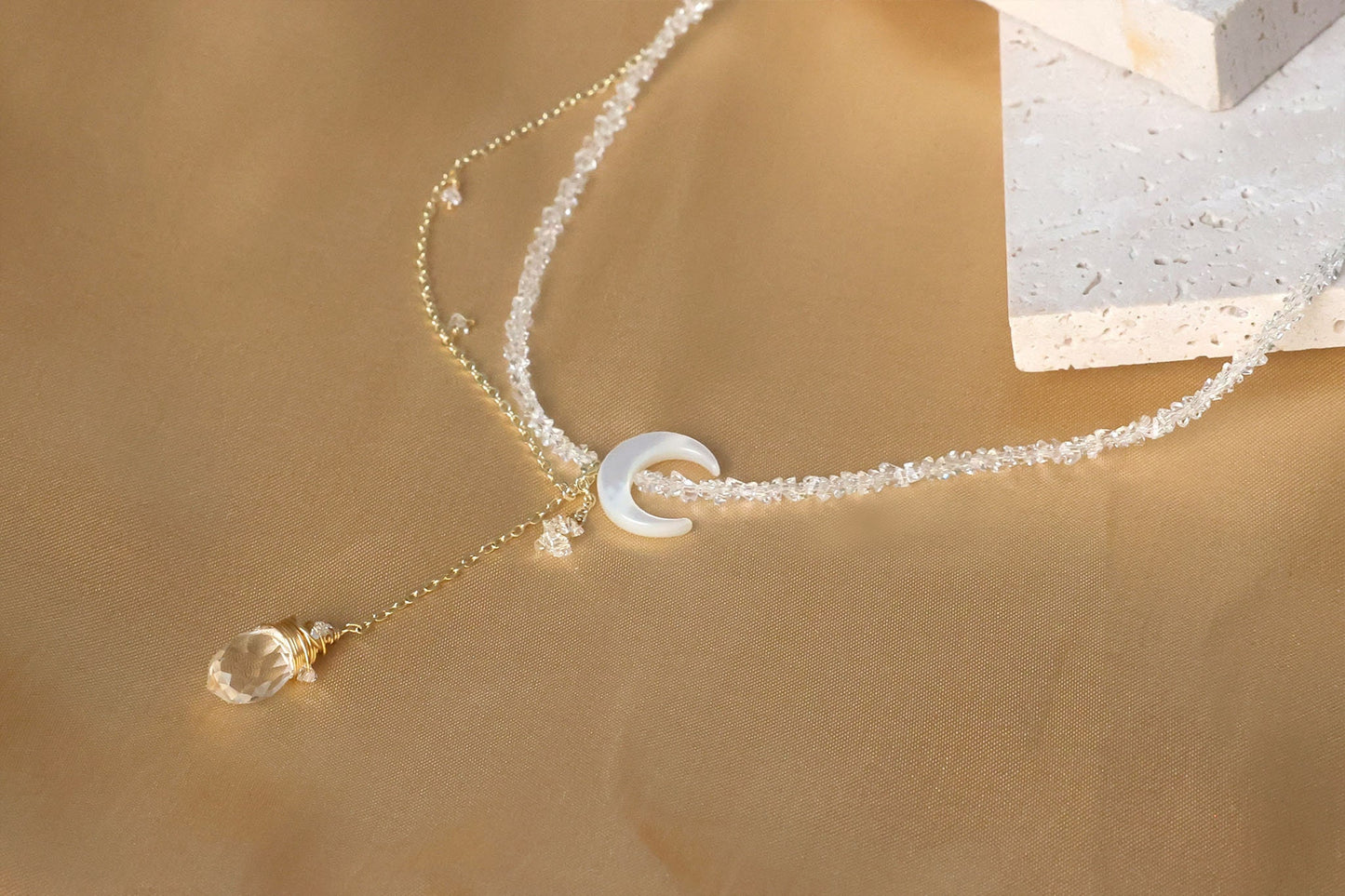 Layered Moon Necklace with Crystal Pendant