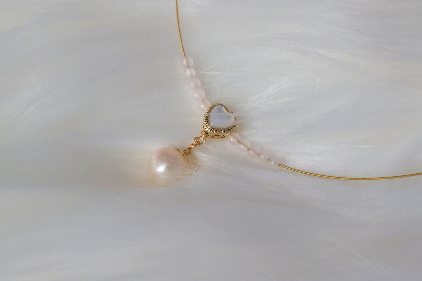 Delicate Silk String Heart Charm Necklace with Pearl Pendant