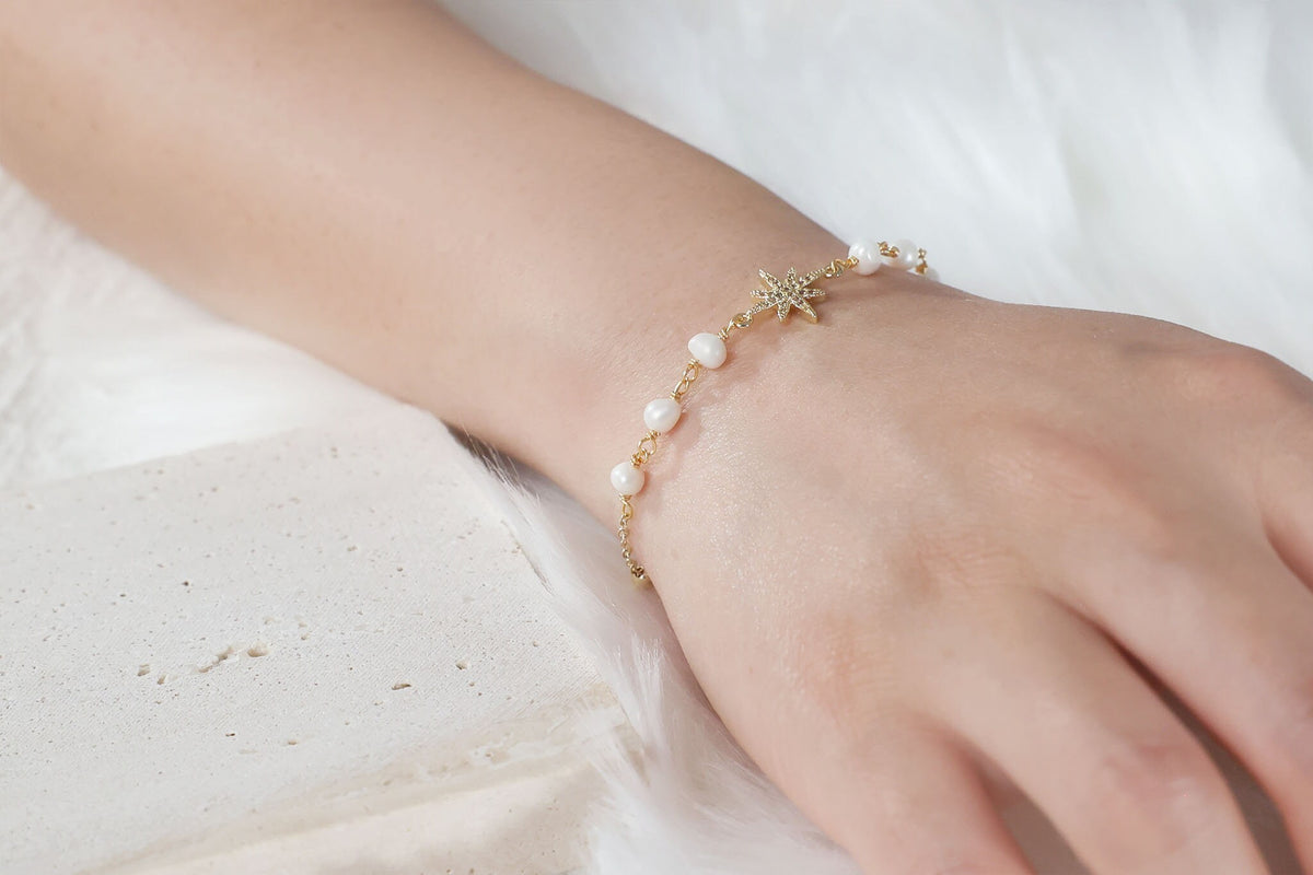Freshwater Pearl Starburst CZ Chain Bracelet