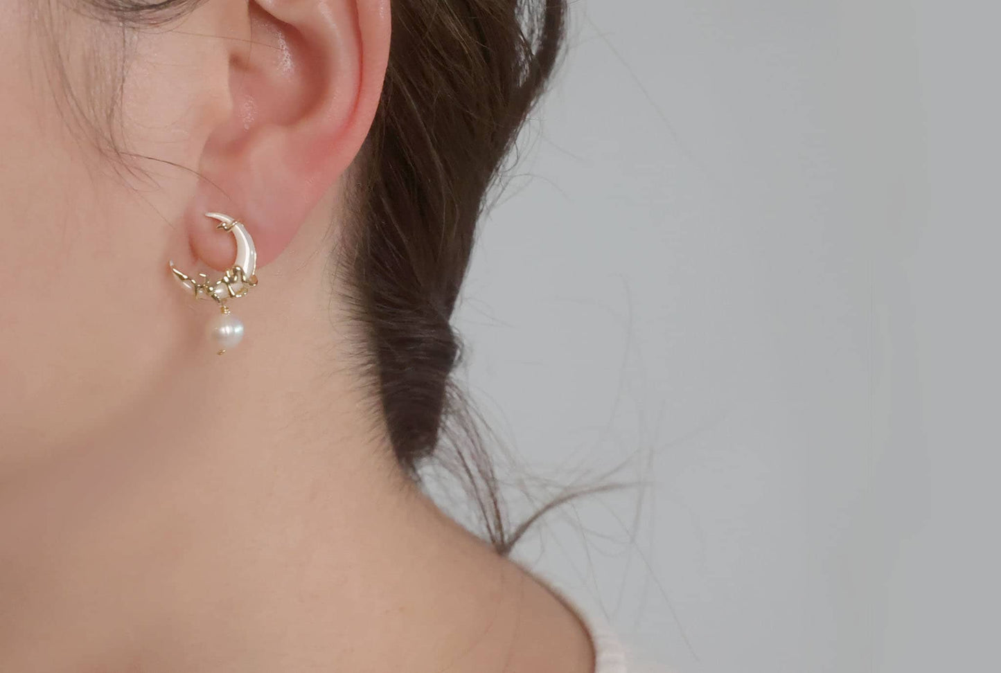 Gold Crescent Mismatched Earrings with Freshwater Pearl