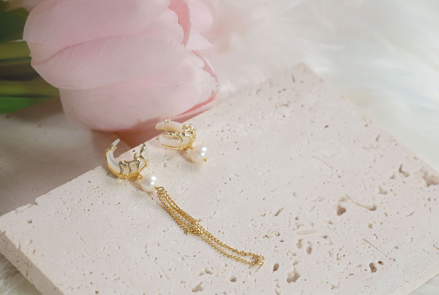 Gold Crescent Mismatched Earrings with Freshwater Pearl