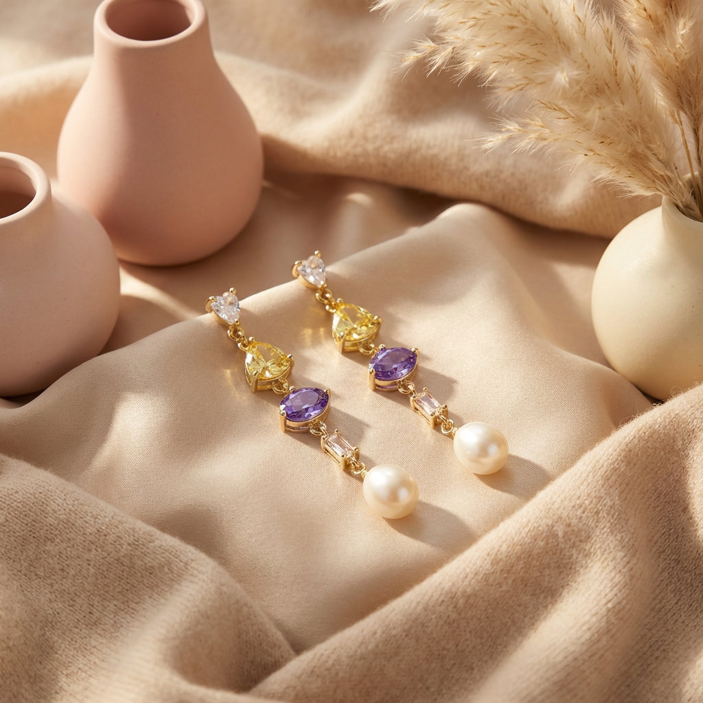 Sparkly Zircon & Freshwater Pearl Dangle Earrings, Wedding Jewelry