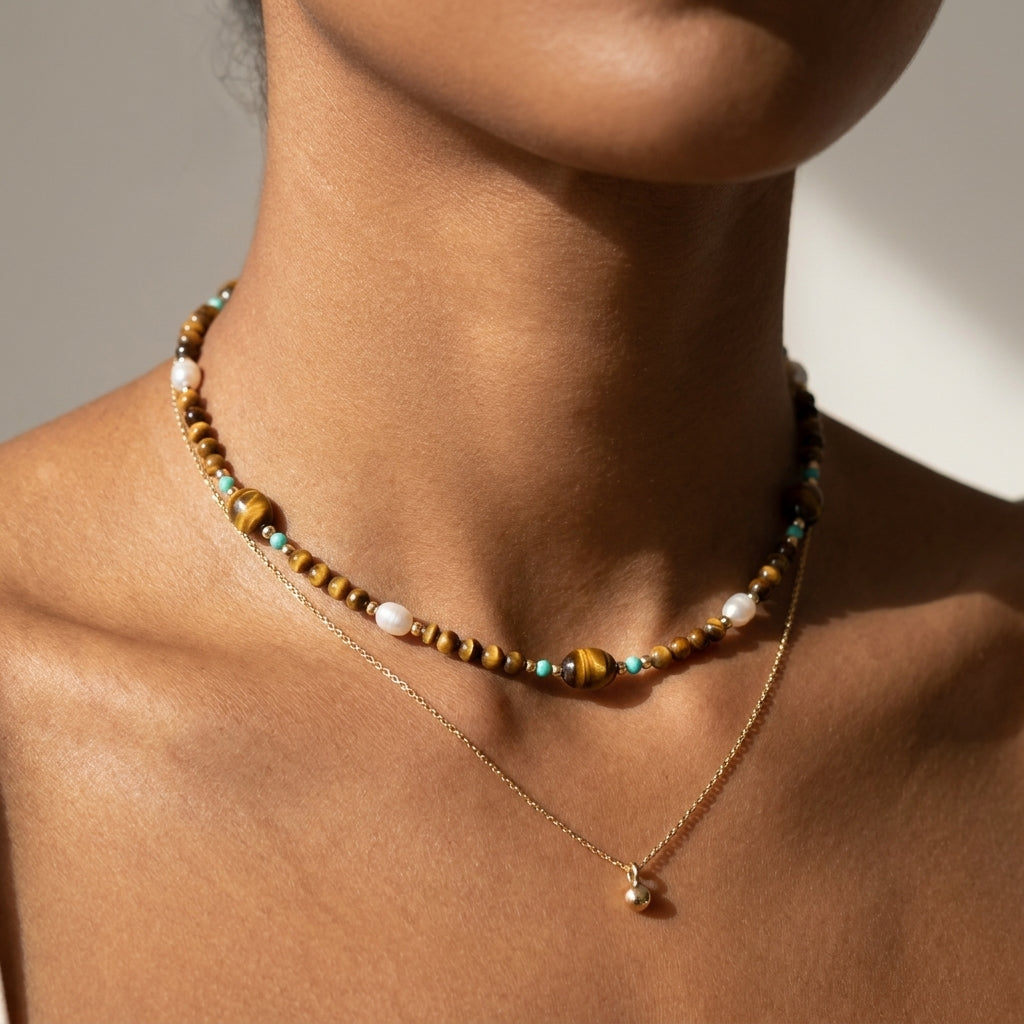 Necklace with beads and gold chain on a person's neck