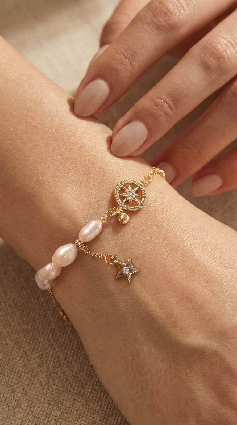 Pearl & Gold Star Charm Bracelet · Dainty Half‑and‑Half Design