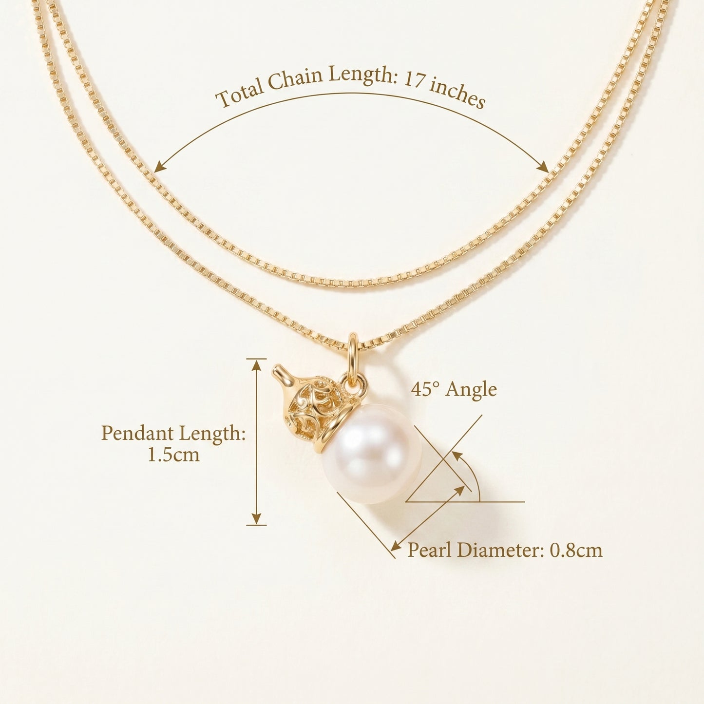 Gold necklace with a pearl pendant, showing measurements on a white background