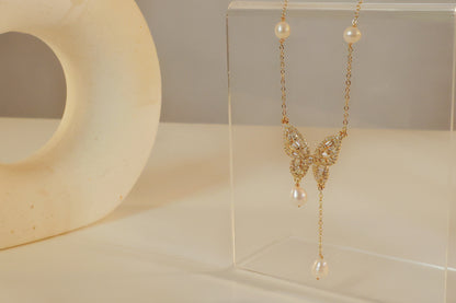 Stunning Gold Butterfly Necklace with Pearl