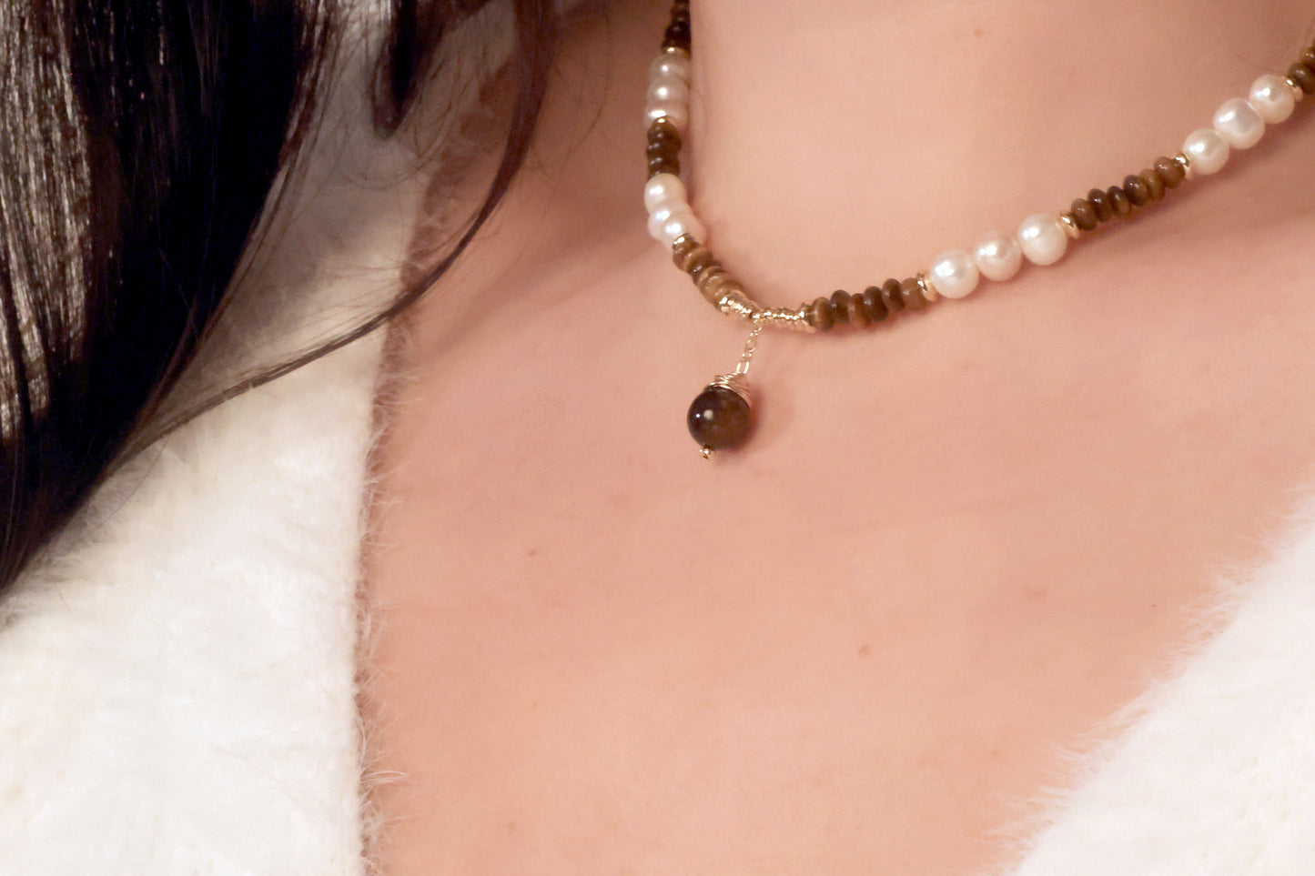Tiger Eye Stone & Freshwater Pearl Necklace
