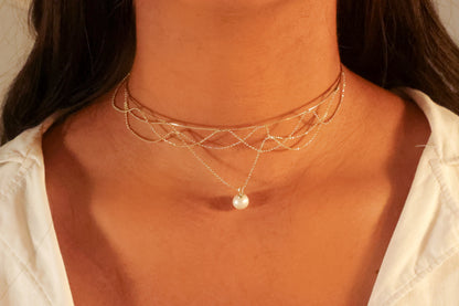 Gold Multilayered Choker with Pearl Pendant