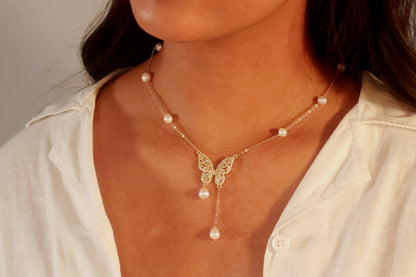 Stunning Gold Butterfly Necklace with Pearl