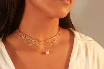 Gold Multilayered Choker with Pearl Pendant