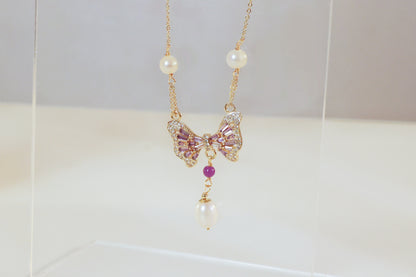 Gold Chain Purple Butterfly Necklace with Pearl