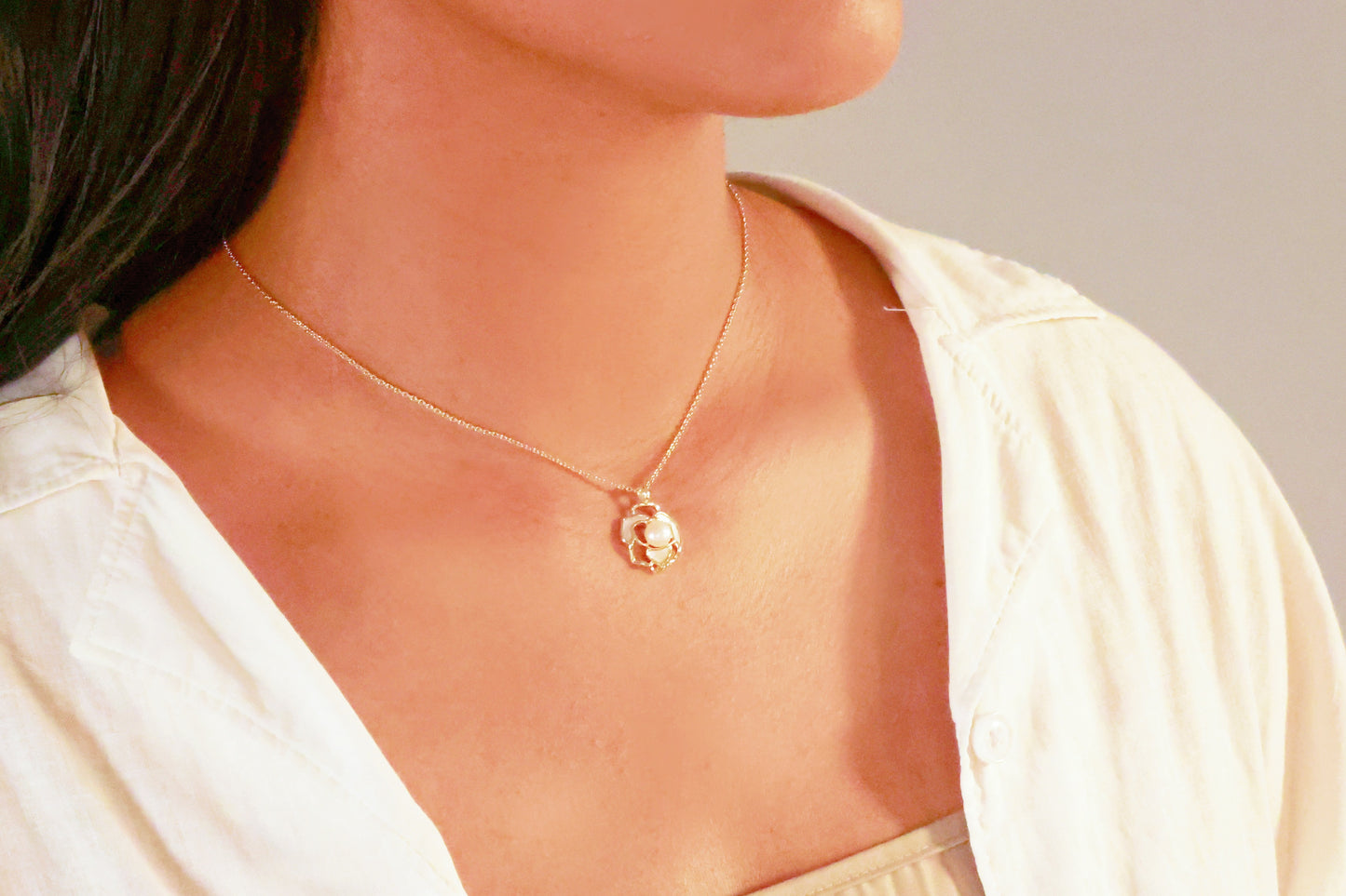 Gold Chain Camellia Pearl Necklace