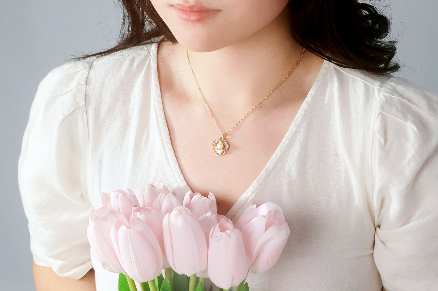 Gold Chain Camellia Pearl Necklace