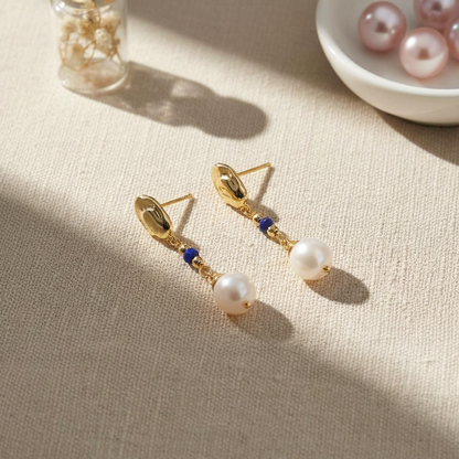 Gold Pearl Drop Long Earrings with Blue Beads