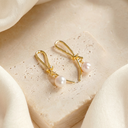 Gold Knot Freshwater Pearl Drop Earring
