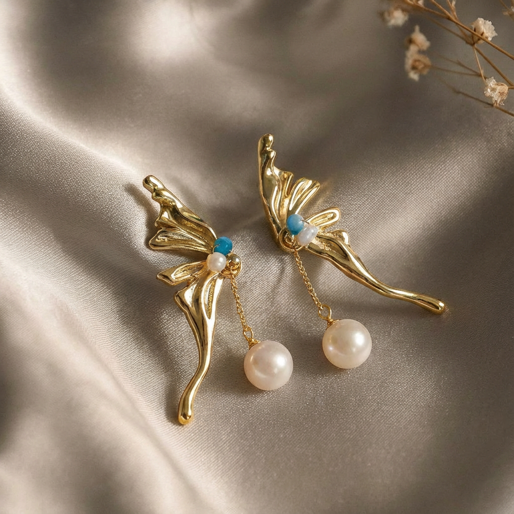 Gold Butterfly Freshpearl Dangle Earring