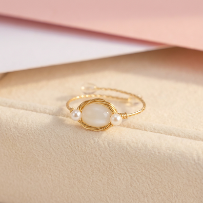 Dainty Natural Green Jade & Freshwater Pearl Ring