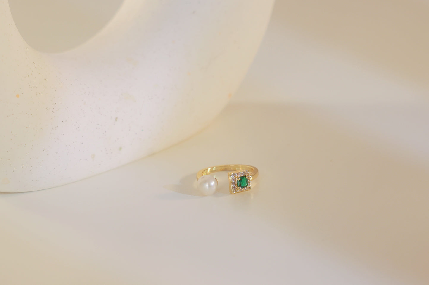 Emerald & Freshwater Open Pearl Ring