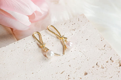 Freshwater Pearl Gold Knot Drop Earrings, Best Gift Ideas