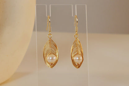 Unique Leaf Handmade Earring with Freshwater Pearls