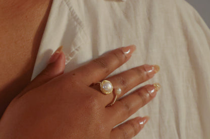 Gold Rim Double Freshwater Pearl Open Ring