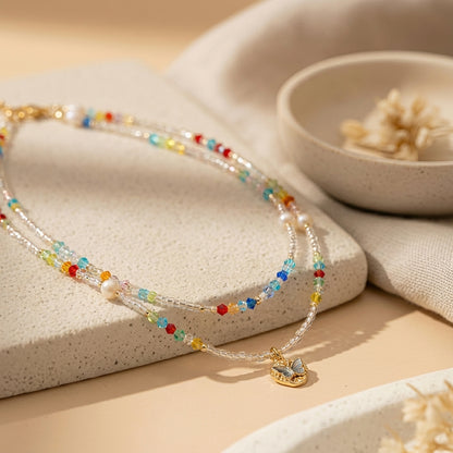 Colorful seed bead double layer necklace with butterful pandant