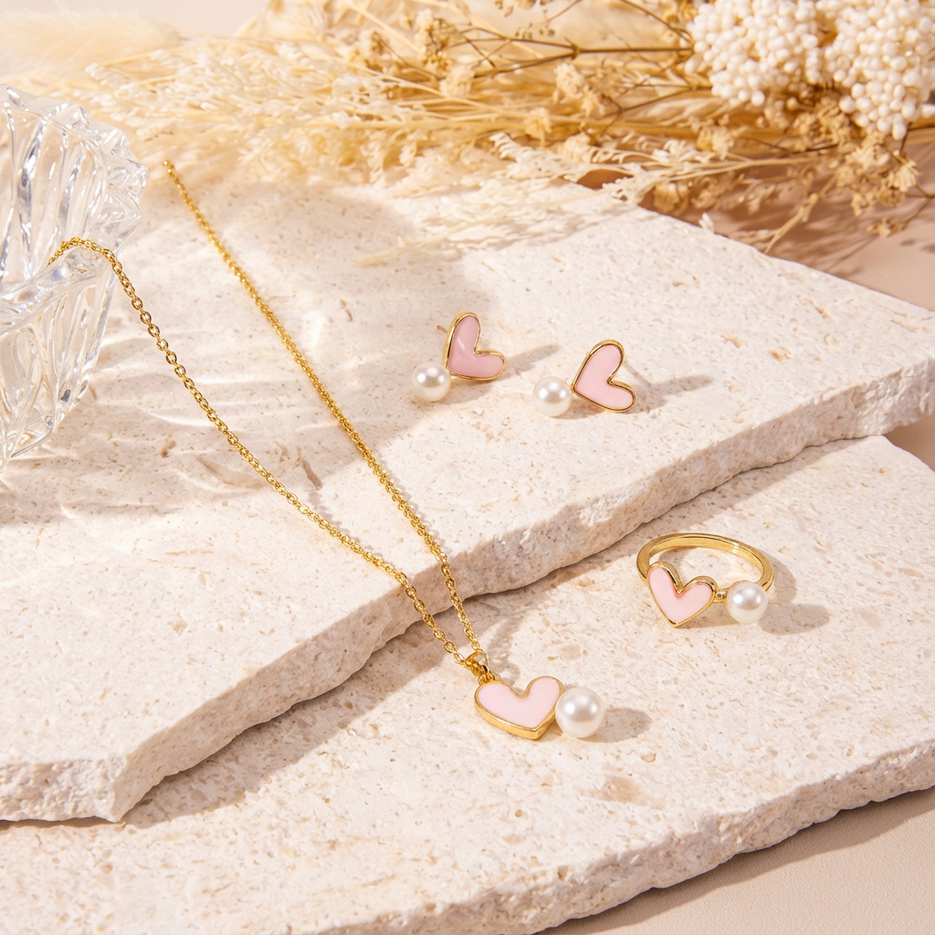 Romantic Pink Heart with Pearl Drop Earrings