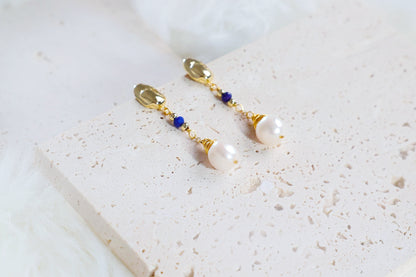 Gold Pearl Drop Long Earrings with Blue Beads