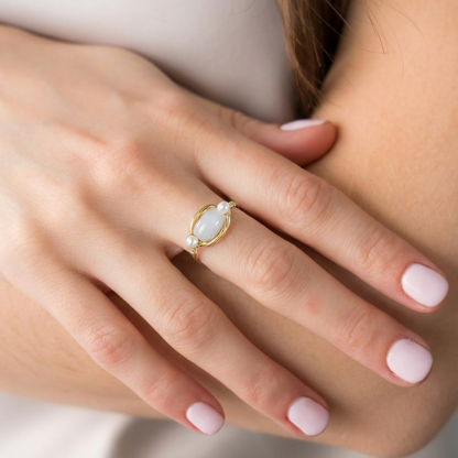 Dainty Natural Green Jade & Freshwater Pearl Ring