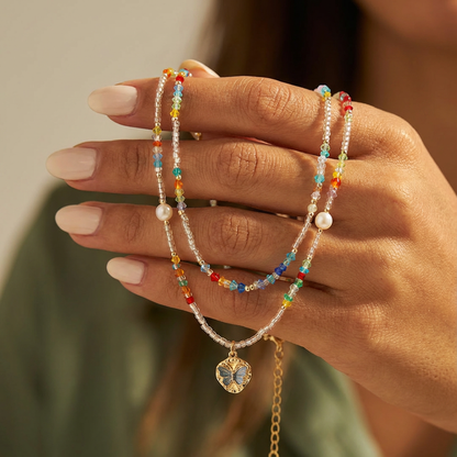 Colorful seed bead double layer necklace with butterful pandant