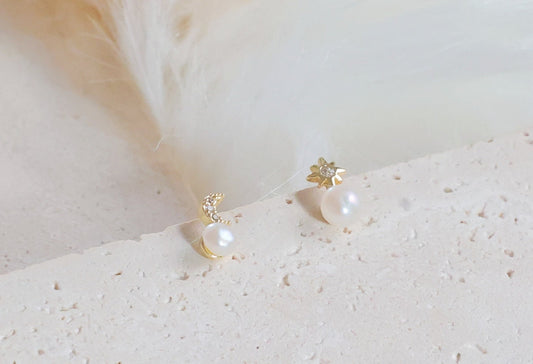 Mismatched Moon and Star Stud Earrings with Freshwater Pearl