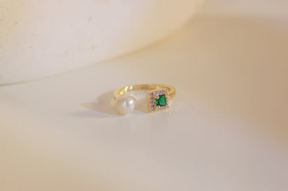 Emerald & Freshwater Open Pearl Ring