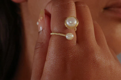 Gold Rim Double Freshwater Pearl Open Ring