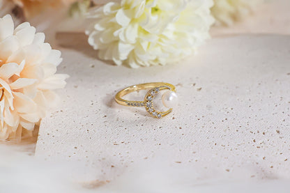 Gold Crescent Moon Open Ring with Freshwater Pearl