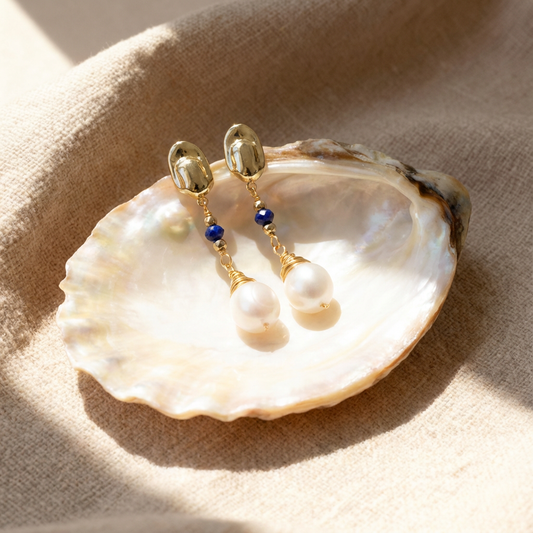 Gold Pearl Drop Long Earrings with Blue Beads