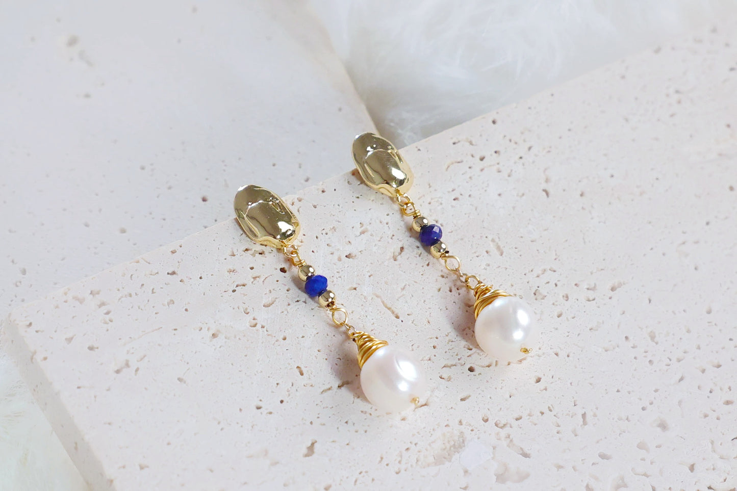 Gold Pearl Drop Long Earrings with Blue Beads