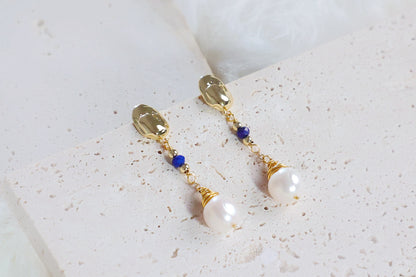 Gold Pearl Drop Long Earrings with Blue Beads