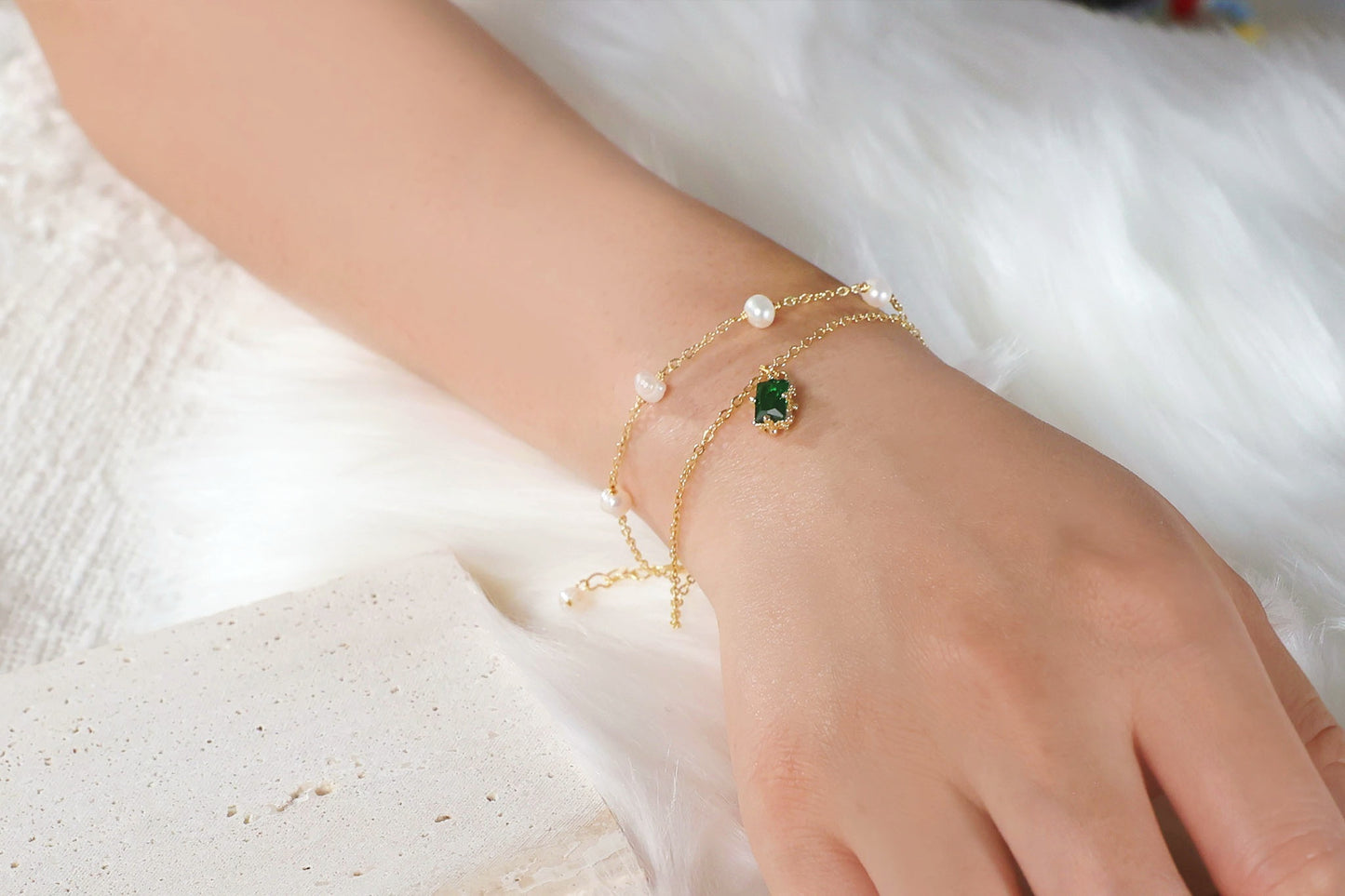 Double-Chain Emerald Gold Bracelet