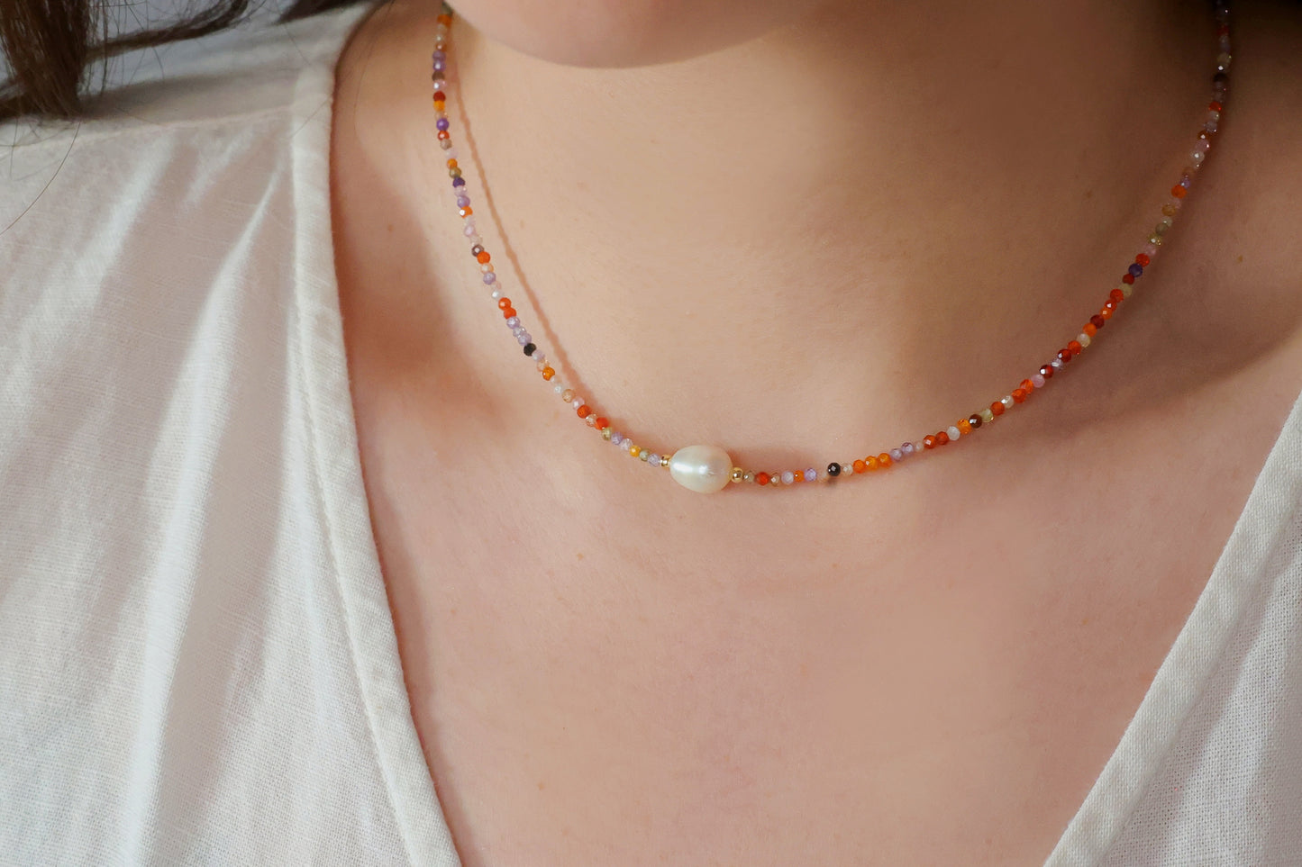 Dainty Colorful Beads Necklace with Freshwater Pearl