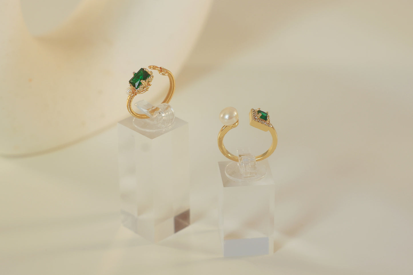 Emerald & Freshwater Open Pearl Ring