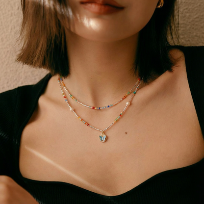 Colorful seed bead double layer necklace with butterful pandant
