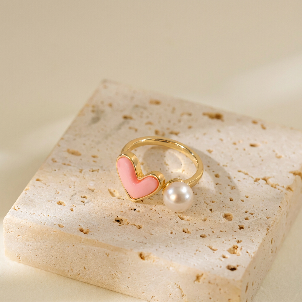 Romantic Pink Heart with Pearl Ring